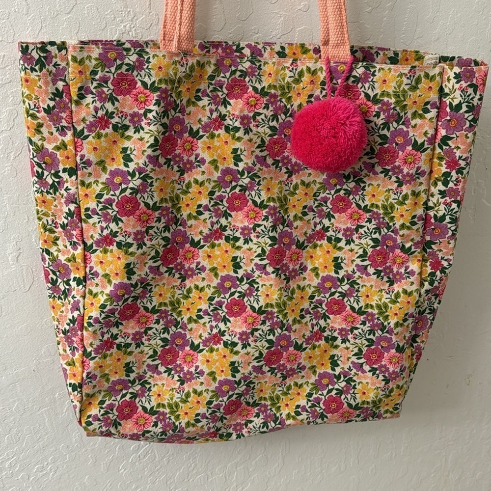 Eccolo Bright Pink Reusable Floral Canvas Tote Yellow Green Purple - Picture 2 of 3